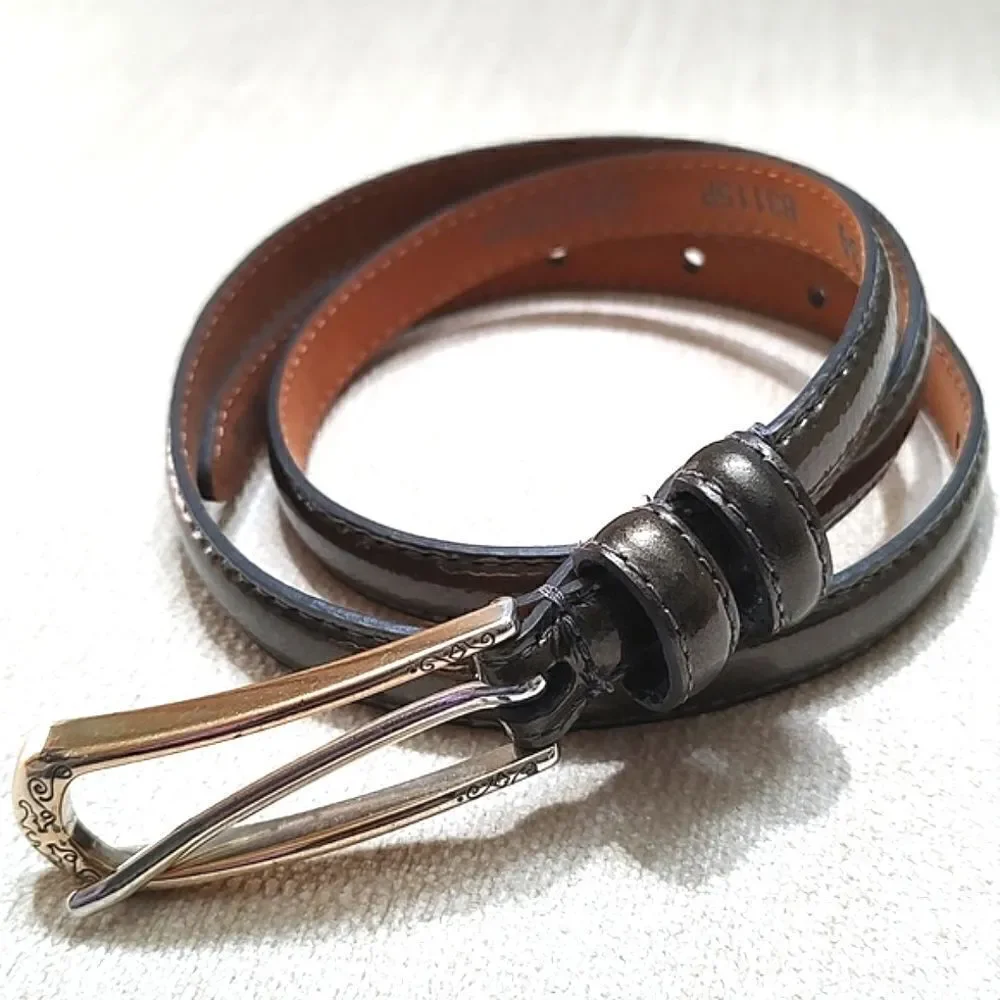 Brighton Thin Patent Leather Belt in Gunmetal Gray Silver Etched Buckle